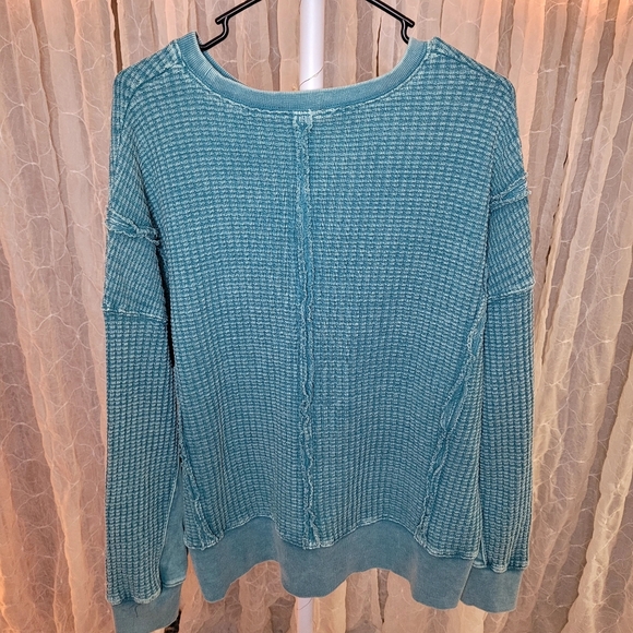 Easel Teal Oversized Mineral Wash Waffle Knit Thermal Pullover Sweater Boutique - Picture 3 of 5
